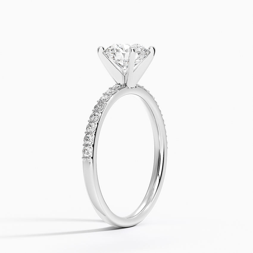Petite Shared Prong Half Coverage Diamond Ring Platinum Round Engagement Ring