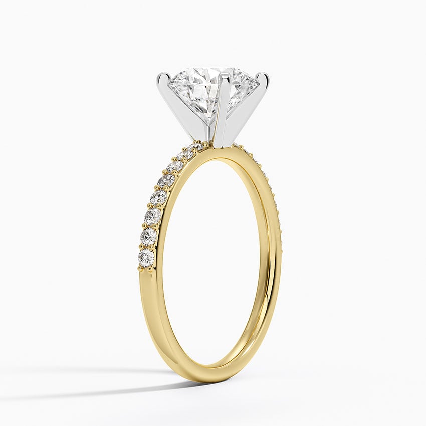 Petite Shared Prong Half Coverage Diamond Ring Yellow Gold 18k Round Engagement Ring
