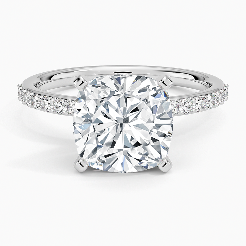 Petite Shared Prong Half Coverage Diamond Ring Platinum Cushion Engagement Ring
