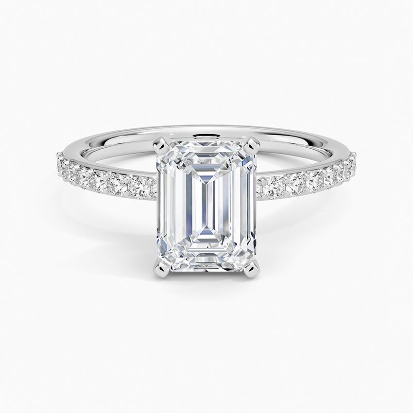 Petite Shared Prong Half Coverage Diamond Ring Platinum Emerald Engagement Ring