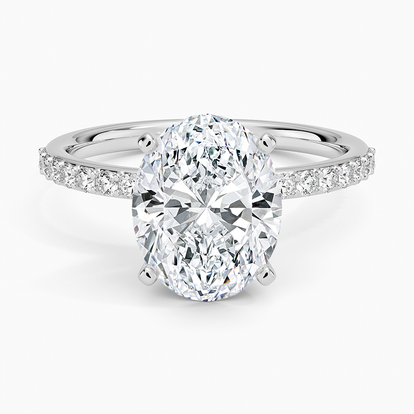 Petite Shared Prong Half Coverage Diamond Ring Platinum Oval Engagement Ring