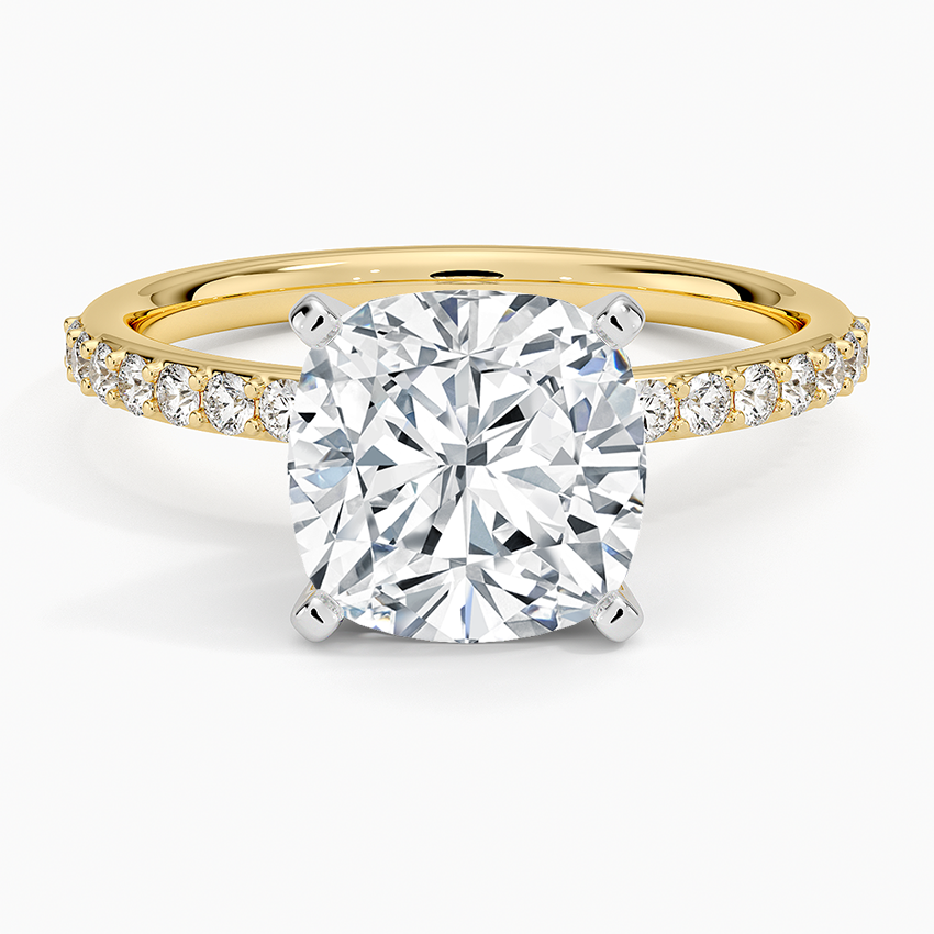 Petite Shared Prong Half Coverage Diamond Ring Yellow Gold 18k Cushion Engagement Ring