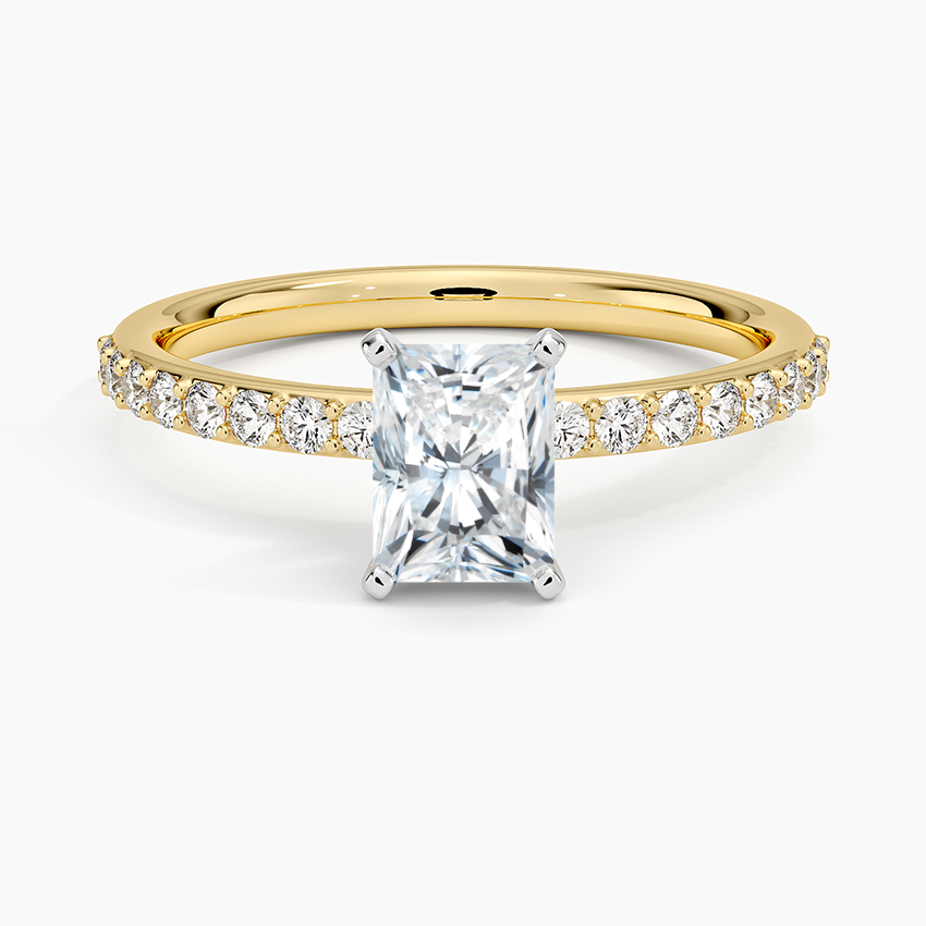 Petite Shared Prong Half Coverage Diamond Ring Yellow Gold 18k Radiant Engagement Ring
