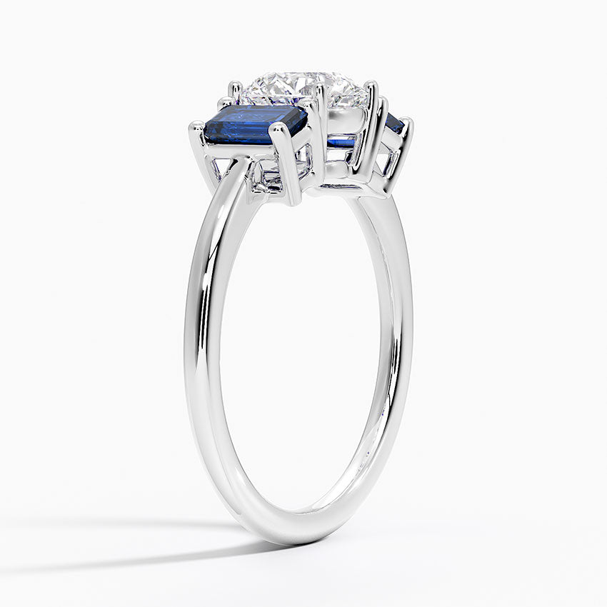 Luxe Rhiannon Three Stone Sapphire Ring Platinum Princess Engagement Ring