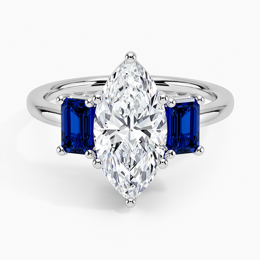 Luxe Rhiannon Three Stone Sapphire Ring Platinum Marquise Engagement Ring