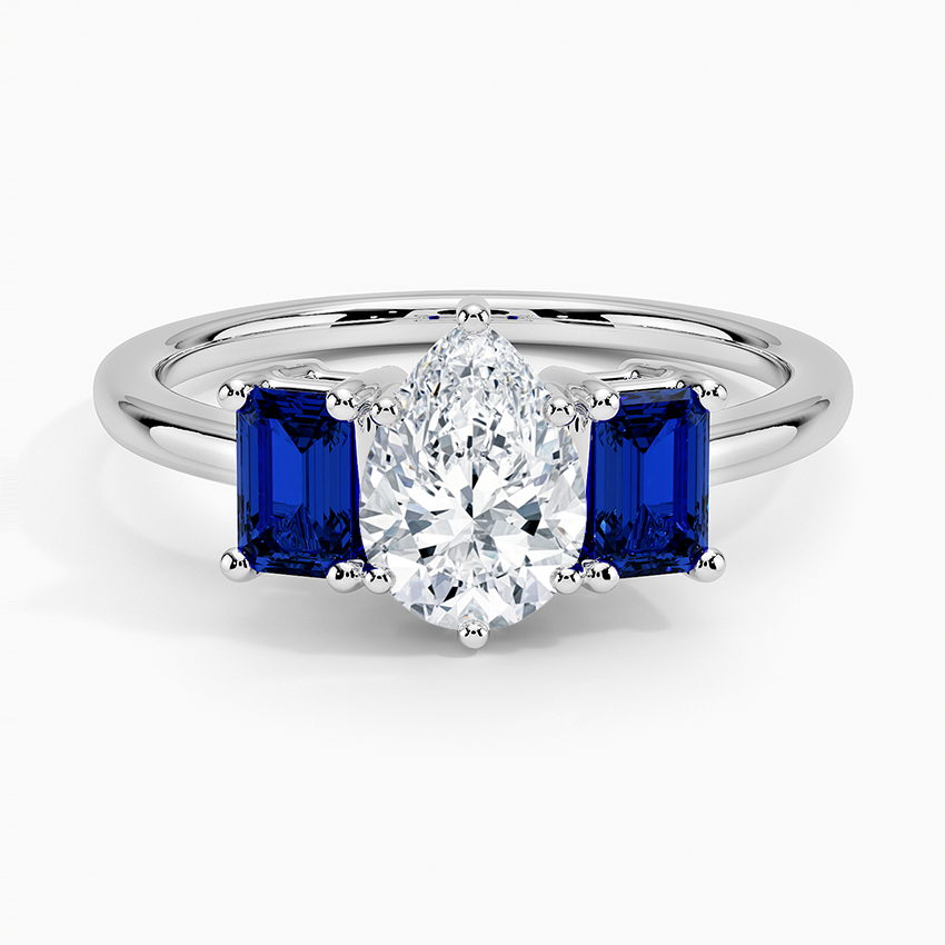 Luxe Rhiannon Three Stone Sapphire Ring Platinum Pear Engagement Ring