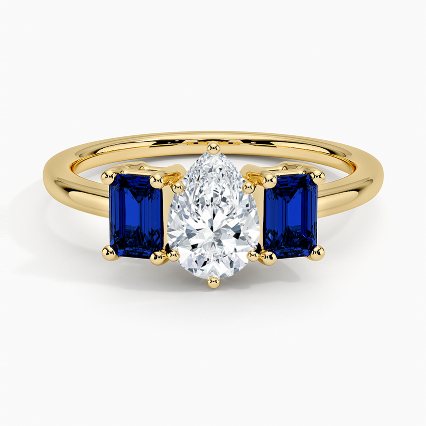 Luxe Rhiannon Three Stone Sapphire Ring Yellow Gold 18k Pear Engagement Ring