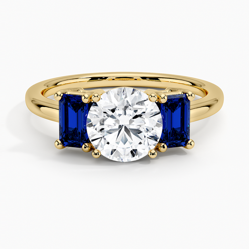 Luxe Rhiannon Three Stone Sapphire Ring Yellow Gold 18k Round Engagement Ring