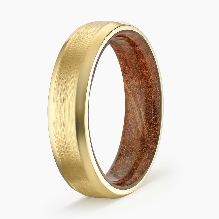Maple Burl Wood Satin Finish 6mm Wedding Ring Yellow Gold 18k Wedding Band