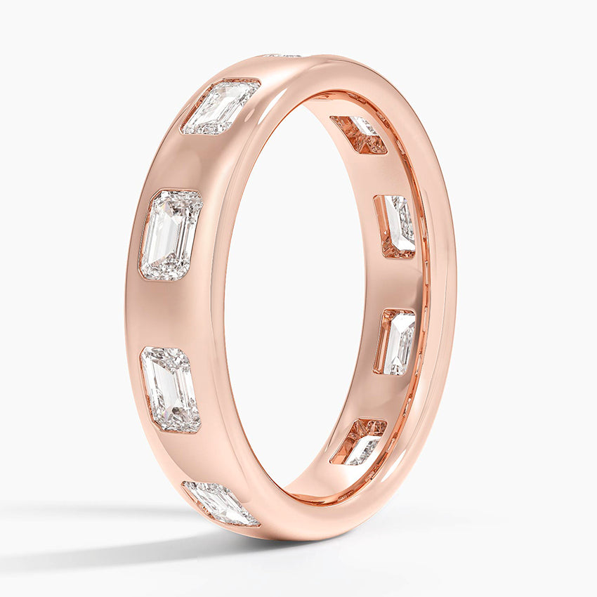 Chloe Flush Set Emerald Cut 4.5mm Diamond Ring Rose Gold 18k Wedding Band