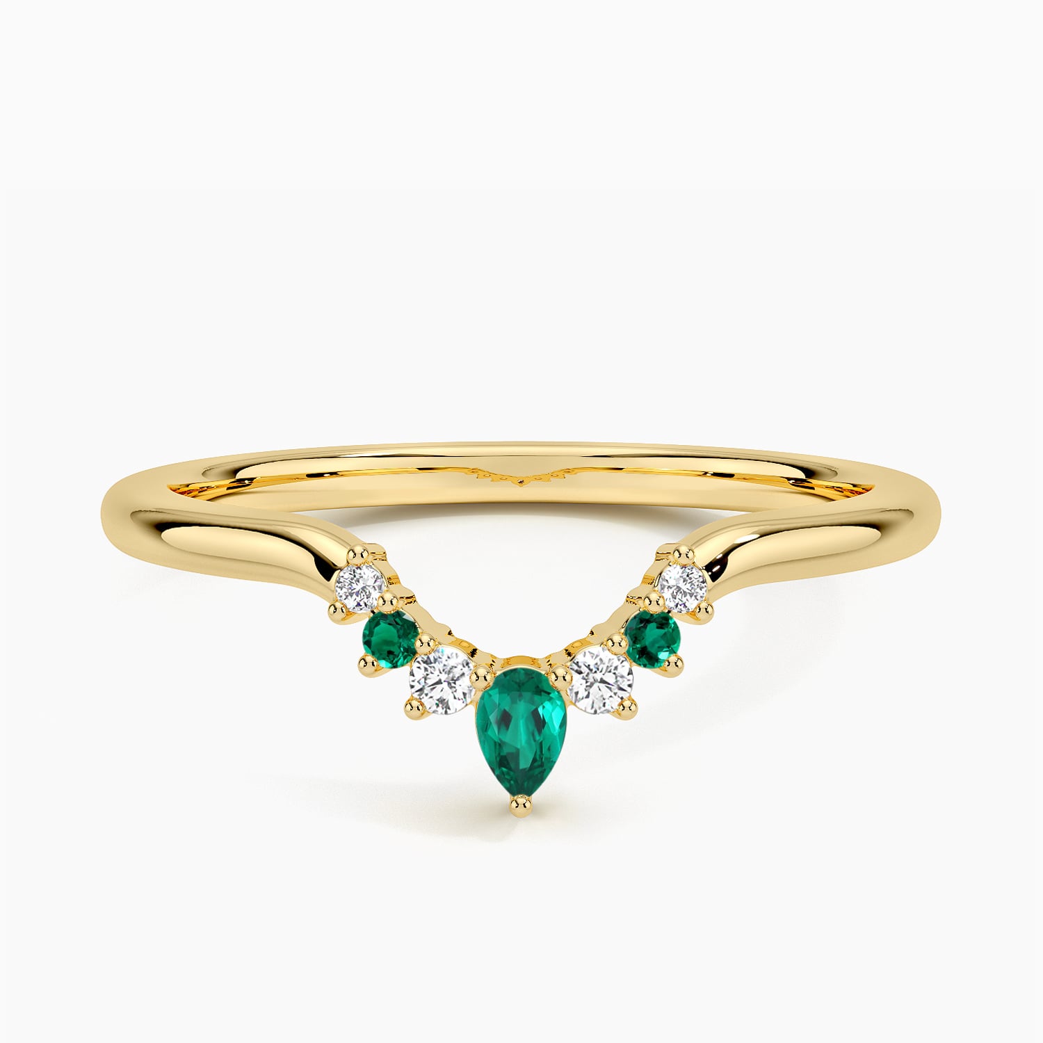 Lunette Lab Emerald and Diamond Contoured Ring Yellow Gold 18k Wedding Band