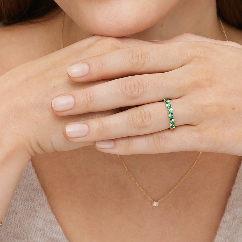 Olivetta Lab Emerald and Diamond Ring Yellow Gold 18k Wedding Band