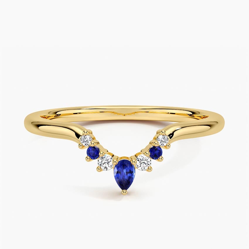 Lunette Sapphire and Diamond Contoured Ring Yellow Gold 18k Wedding Band