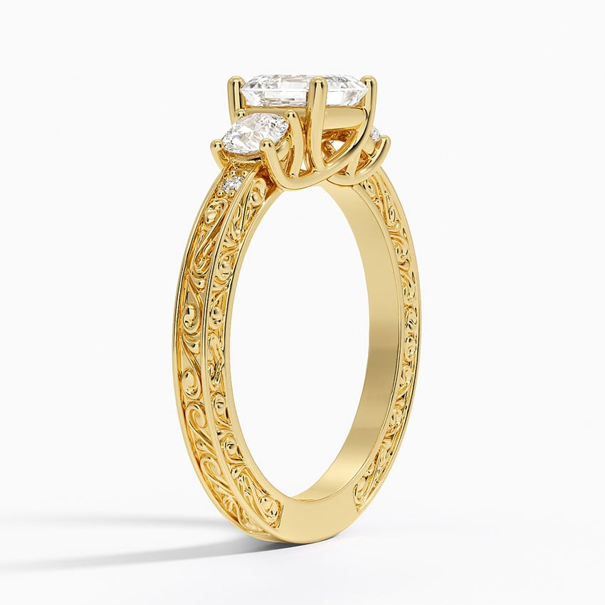 Antique Scroll Engraved Three Stone Diamond Ring (1/3 ct. tw.) Yellow Gold 18k Asscher Engagement Ring
