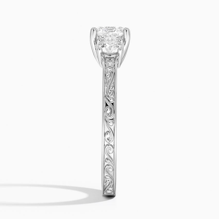 Antique Scroll Engraved Three Stone Diamond Ring (1/3 ct. tw.) Platinum Cushion Engagement Ring