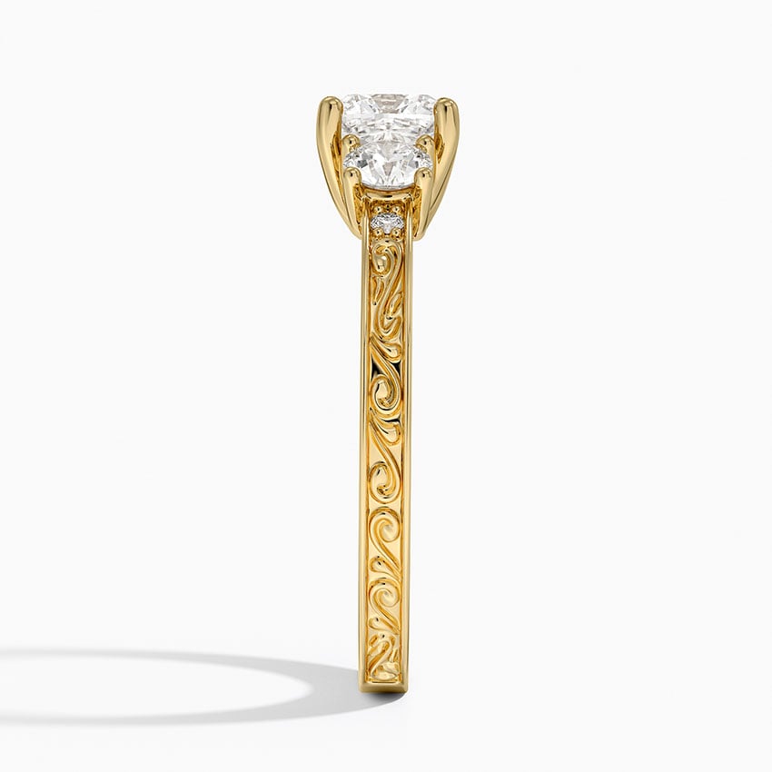 Antique Scroll Engraved Three Stone Diamond Ring (1/3 ct. tw.) Yellow Gold 18k Cushion Engagement Ring