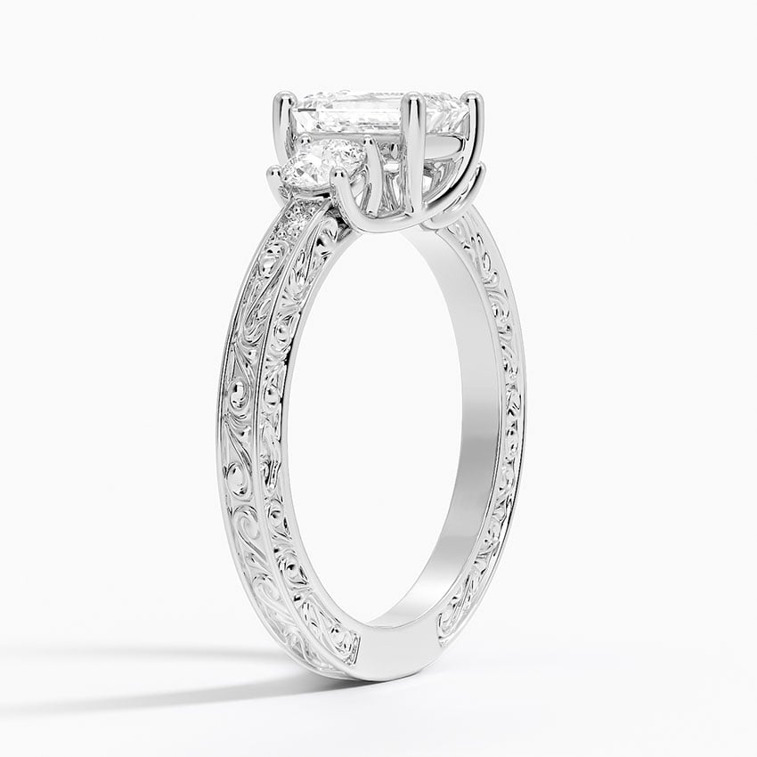 Antique Scroll Engraved Three Stone Diamond Ring (1/3 ct. tw.) Platinum Emerald Engagement Ring