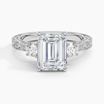 Antique Scroll Engraved Three Stone Diamond Ring (1/3 ct. tw.) Platinum Emerald Engagement Ring