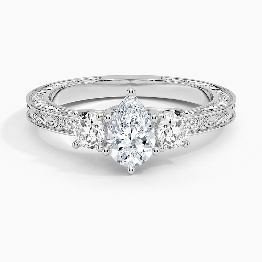Antique Scroll Engraved Three Stone Diamond Ring (1/3 ct. tw.) Platinum Pear Engagement Ring