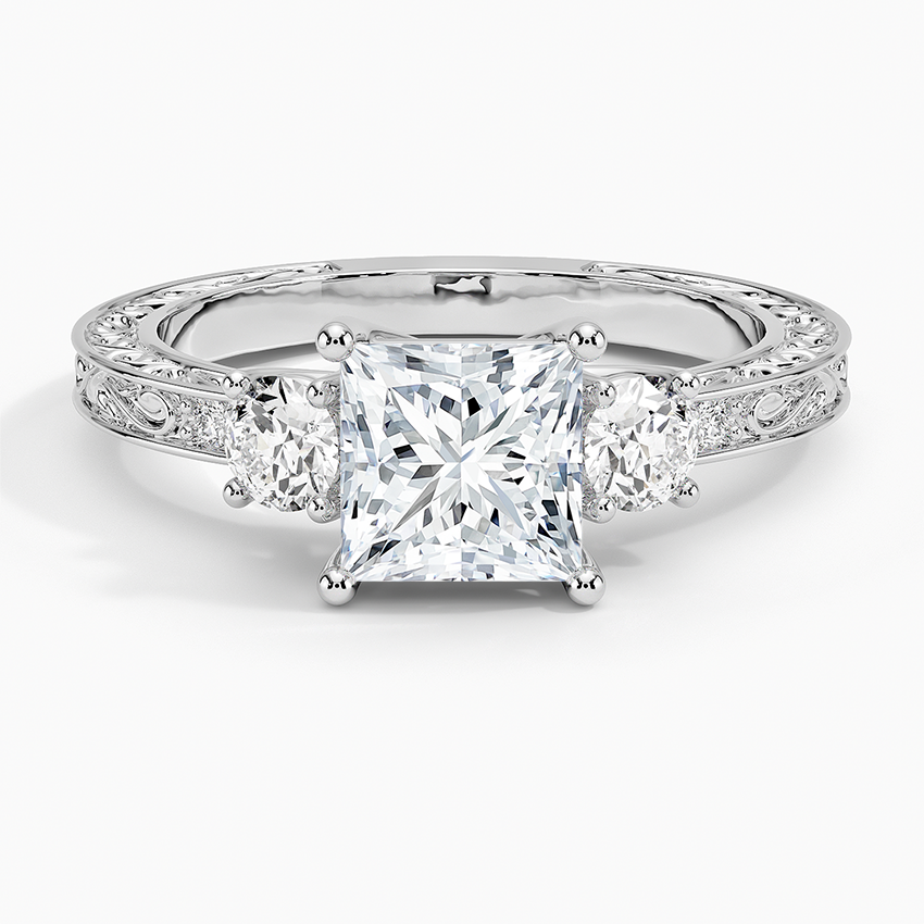 Antique Scroll Engraved Three Stone Diamond Ring (1/3 ct. tw.) Platinum Princess Engagement Ring