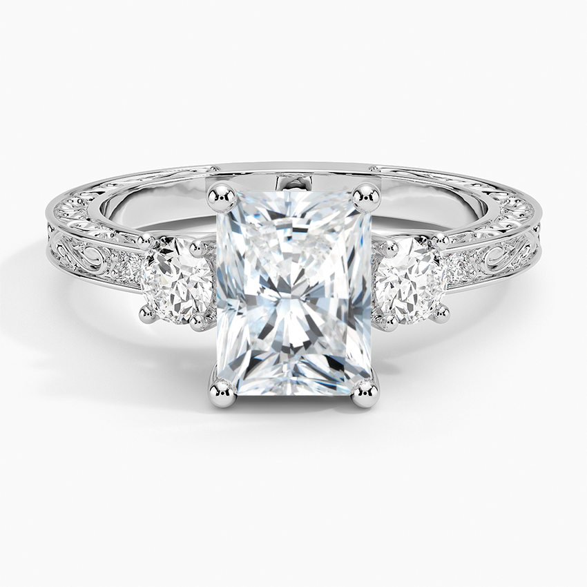 Antique Scroll Engraved Three Stone Diamond Ring (1/3 ct. tw.) Platinum Radiant Engagement Ring
