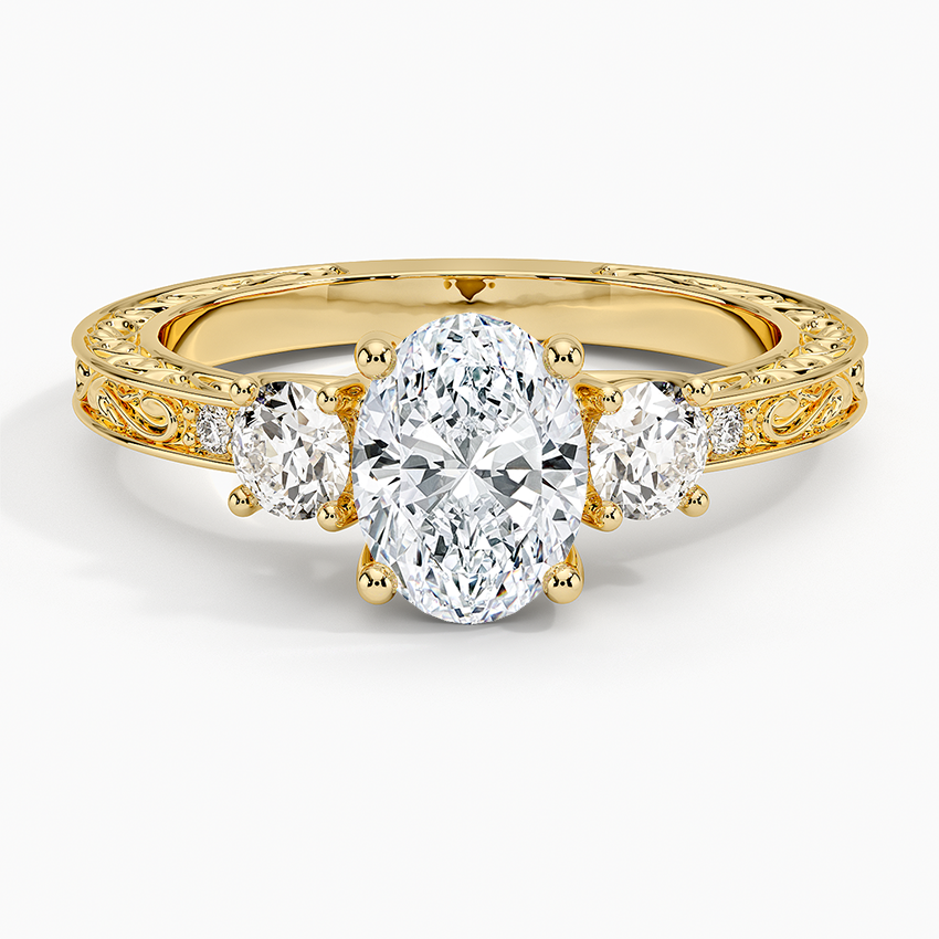Antique Scroll Engraved Three Stone Diamond Ring (1/3 ct. tw.) Yellow Gold 18k Oval Engagement Ring