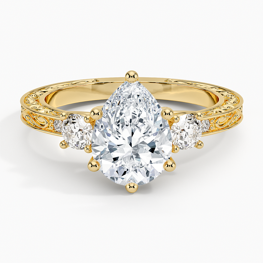 Antique Scroll Engraved Three Stone Diamond Ring (1/3 ct. tw.) Yellow Gold 18k Pear Engagement Ring