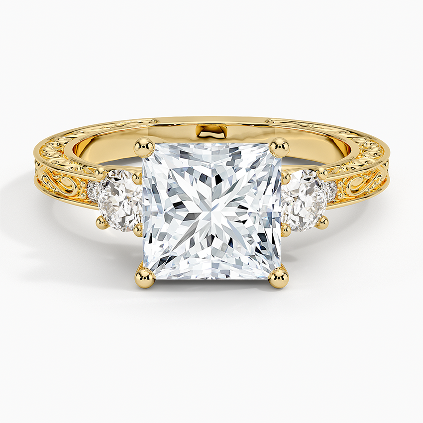 Antique Scroll Engraved Three Stone Diamond Ring (1/3 ct. tw.) Yellow Gold 18k Princess Engagement Ring