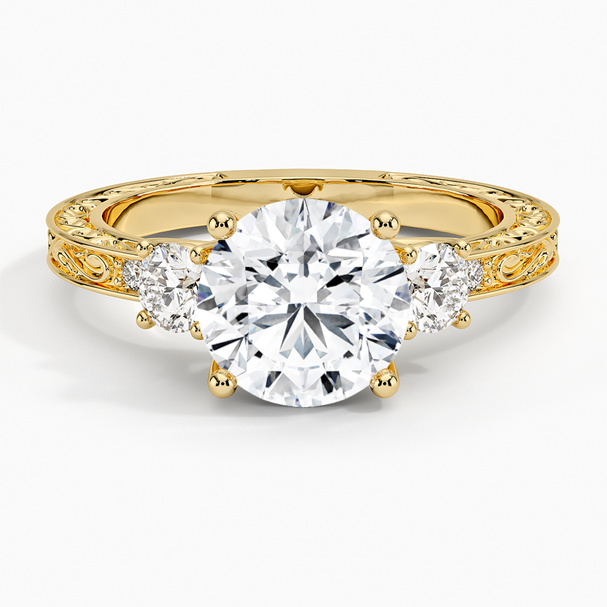 Antique Scroll Engraved Three Stone Diamond Ring (1/3 ct. tw.) Yellow Gold 18k Round Engagement Ring