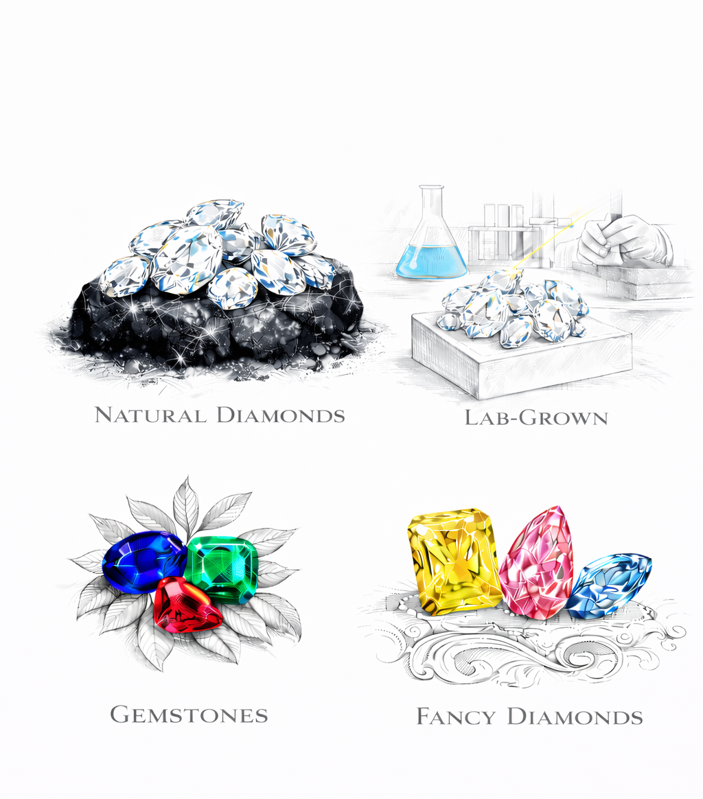 Illustration of different types of diamonds including natural, lab-grown, gemstones, and fancy diamonds on a white background.